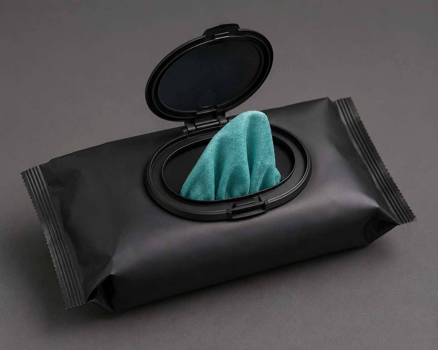 Chokewipe black wipes pack with open flip lid and a teal wipe pulled out